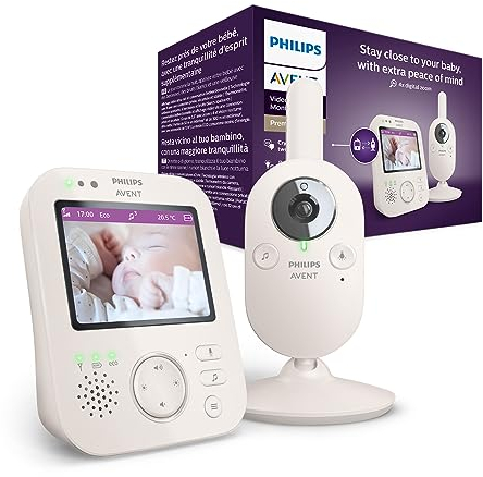 Philips Avent Premium Baby Monitor Video con immagine e suono, bianco, display da 3,5 pollici, 4x ingrandimento, visione notturna, suono a 2 vie, temperatura ambiente (modello SCD891/26)