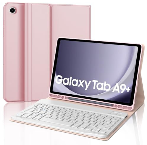 JADEMALL Coque Clavier pour Samsung Tab A9+/A9 Plus 2023 11, AZERTY Français Clavier Détachable pour Samsung Galaxy Tab A9 Plus 11 2023, Rose