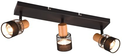 Deckenstrahler 3-flammig mit Draht-Stoffschirmen und Holzelement
