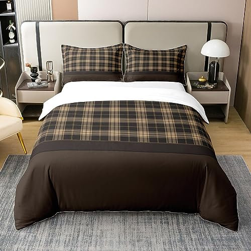 Housse de Couette Vintage Coton,Literie Rustique pour Garçon et Fille,Housse de Couette Confortable À Carreaux de Ferme pour Chalet,Ensemble de Lit À Carreaux Géométriques 220x240,Marron