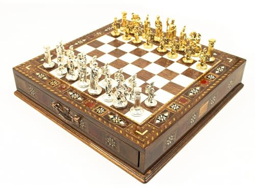 GrandGiftStore Handmade Premium Chess Set with Drawer And Gold-Silver Metal Chess Pieces, Wooden Chess Board with Storage, Premium Chess Set
