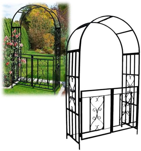 Arco da Giardino con cancello,Arco per Rose in Acciaio,Arco per Piante Rampicanti con cancello,Nero,Bianco pergolato Arco Giardino da Esterno per 114cm L x 52cm P x 210cm H(Black)