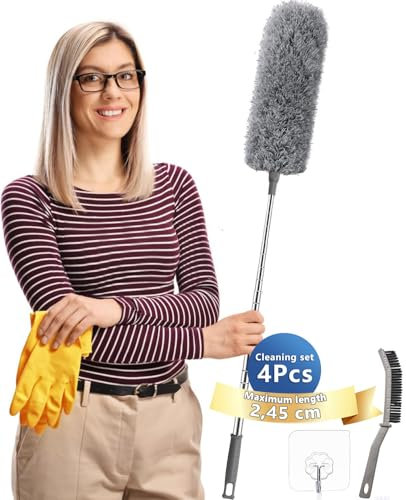 Feather Duster,Dusters For Cleaning Extendable,With30-240cm Pole Telescopic Cobweb Brush Grey4Pcs