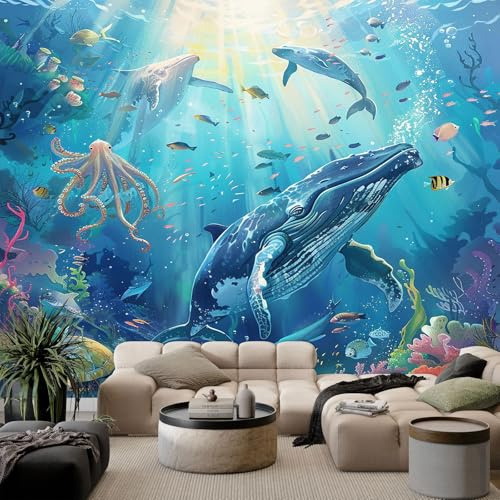 Fototapete 3D Vliestapete mit Abstrakte Kunst Unterwasser-Tiere Blau 400x280cm XXL Panorama Wandbild für Mädchen & Jungs Schlafzimmer Wanddekoration mit 3D Effekt