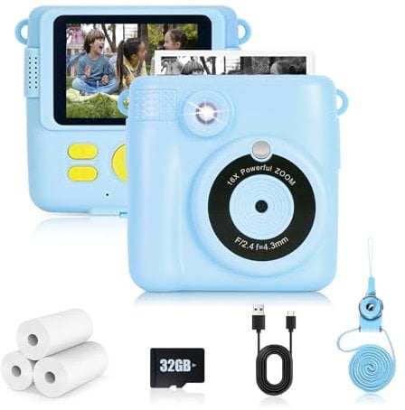Riosin Kids Instant Print Camera, Kids Camera for Boys Girls with 32GB Card, 3 Rolls Print Paper, 1080P HD Digital Video Cameras, Christmas Birthday Gifts Toys for 3-12 Years Old Kid (Blue)