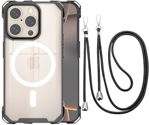 CAROKI Crossbody Lanyard Case for iPhone 16 Pro Max,Ultra Clear Hard Back Magnetic Case Compatible with MagSafe Bumper with Strap Adjustable Neck Cord Cover for iPhone 16 Pro Max-Black