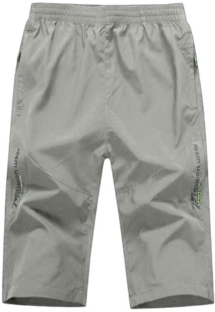 MakingDa 3/4 Length Shorts Men Summer Casual Baggy Lightweight Thin Below Knee Cargo Three Quarter Long Shorts with Zip Pocket Elastic Waist Cropped Trousers-X-Light Grey-L