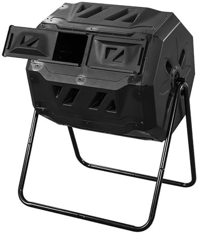 MIDUOLAI Composteur Rotatif De 160 L, Composteur Rotatif à Double Chambre, Composteur Rotatif à Tambour, CréEr Un Sol Fertile, Bac à Compost Rotatif AéRé,Noir