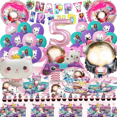 Bemoseng 102 PCS Décoration Anniversaire Baby Chat 5 Ans, Vaisselle de Fête D'anniversaire Dessin Animé Chat, Assiettes Gobelets Serviettes pour Fille