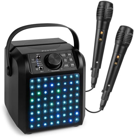 Fenton KAR50B Enceinte Karaoké Enfant Bluetooth avec Façade Lumineuse 50 Watts - Noire, Batterie Integrée, 2 Micro Inclus, Une Activité Ludique pour Les Enfants et Les Fêtes d'Anniversaires
