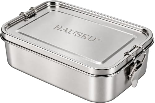 HAUSKU Brotdose Edelstahl mit Fächern 1400 ml - Lunchbox mit Bewegliche Trennwand und Besteck, Auslaufsicher Brotdose Metall, BPA-frei, Spülmaschinenfest, Wiederverwendbar – Für Erwachsene & Kinder