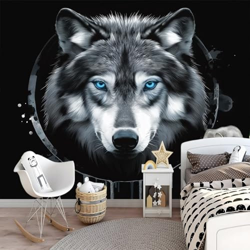 Papier Peint Panoramique Fantastique Animaux Loup Décoration Murale Moderne 400 x 280 cm Murale Salon D'Enfant Chambre à Coucher Maison Décoration Intérieure Gris Noir
