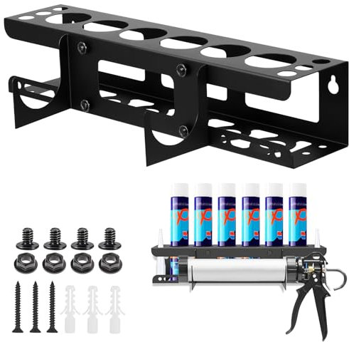 Caulking Gun and Silicone Tube Holder,Caulking Gun Storage Rack with Horizontally Base,Sealant Holder for 6 Tubes,6 Nozzles & 1 Caulking Gun,Caulking Tool Organiser Wall Mounted for Workspace