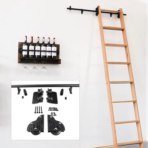 Kit Scala Mobile a scaffale Scorrevole, Scala Scorrevole per casa/soppalco/libreria, Binario Nero a Tubo Rotondo con Ruote a rulli per Pavimento (Senza Scala)(122cm Kit Pista)