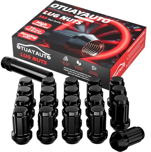 OTUAYAUTO M12x1.5 Lug Nuts - 20PCS Black Spline Lug Nut with Socket Key | Cone Seat, 17mm Hex, Replacement for Honda Accord, CRV, Civic, Pilot, Chevy Impala, Malibu, Acura Aftermarket Wheels
