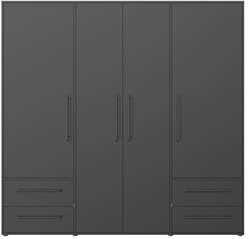 AVANTI TRENDSTORE - Fathie Kleiderschrank mit 4 Flügeltüren und 4 Schubladen aus laminiertem Holz in der Farbe Schwarz matt, mit Einlegeböden und Kleiderstange. LAP ca. 206 x 200 x 59 cm.