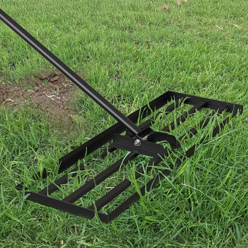 Lawn Leveling Rake, 75 x 25cm Lawn Leveler with 210cm Long Handle, Heavy Duty Stainless Steel Levelawn Tool, Landscape Rakedjustable Curved End Grip for Soil Sand Dirt Surfaces Garden Grass Golf Field