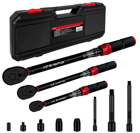 WETT 11Pcs Torque Wrench Set, 1/4'' & 3/8'' & 1/2'' Drive Click Torque Wrench, with Extension Bars & Adapters, Dual-Direction Adjustable Reversible 72-Tooth Ratchet Handle