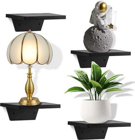 Small Wall Shelves,Speaker Shelf,Floating Shelf Trapezoid for Wifi Router | Decorative Wood Ledges for Table Lamp Plants Display for Living Room,Bedroom,Kitchen,Office,Pine,20x15cm,4 Pack,Black
