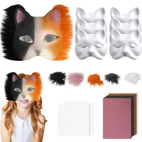 WELLXUNK Tier Katze Maske DIY Set, Therian Mask DIY Set, Therian Katzenmaske Mask, Therian Masken-Bastelset, Leere Halbe Gesichts Katzenmasken zum Basteln für Halloween Maskerade, Maskenball, Cosplay