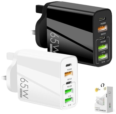 Chargeur Mural Rapide Multiport 65 W, Prise Usb-c 5 Ports à Charge Rapide avec Usb-c Pd, Tête de Chargeur Mural Usb Qc3.0, Prise de Charge Type-c For Iphone, Samsung, Ipad, Airpods(Black+White)