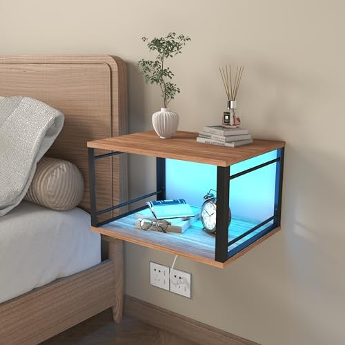 Ztexkee Hängender Nachttisch 2-Stöckiges Wandregal Nachtschrank hängend mit RGB LED Lichtleiste für Schlafzimmer, Wohnzimmer, Küche, WC und Badezimmer Braun/Schwarz