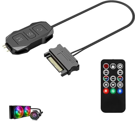 Controller ARGB 5V 3 Pin, Controller RGB SATA con Telecomando 14 Tasti, Dimmer Regolatore Luci per Ventole e Strisce, Alimentazione SATA, Colore Regolabili, Mini Hub per Case PC e Desktop DIY