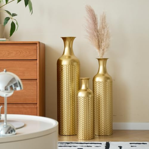 FammyLoft Metall Bodenvase Groß Set 3, Vintage Floor Vases, Weihnachten Golden Vase, Pampas Branch High Decorative Bodenvase Living Room Bedroom, Large -83/65/50cm High, Home Decoration