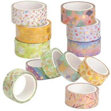 Washitape - Set di 12 rotoli di nastro adesivo colorato per bambini, con brillantini per mascherare progetti fai da te, adesivi washi, nastro adesivo colorato, carta colorata con pellicola dorata
