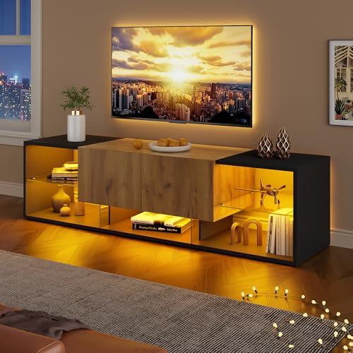 FammyLoft TV Schrank für Fernseher bis zu 70 Zoll, 3 Tier Lowboard mit LED-Leuchten, Fernsehtisch mit Glasplatten-Aufbewahrungsplattform, TV Sideboard, für Wohnzimmer/Schlafzimmer, 160cm, Schwarz