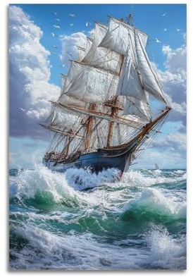 Ölgemälde-Poster mit Vintage-Ozean, Segelschiff, Wandkunst, Bild, Druck, Leinwand, Kunst, Gemälde, Poster, moderne Leinwand, Wandkunstdruck, 50 x 75 cm