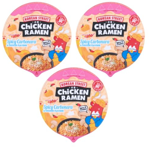 Korean Street Carbonara Bowl Noodles 106g x 3 Bowls | Korean Style Creamy Spicy Instant Noodles | Quick & Easy Meal | Ready in Minutes | Convenient Cup Noodles