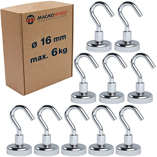 Magnethaken Extra Stark 6 kg Starke Neodym Magnet mit Haken Hakenmagnete (NdFeB) Magnetische Haken Ø 16 mm für Küche Grill Dekor Büro Lager Werkstatt Montage - 10 Stück
