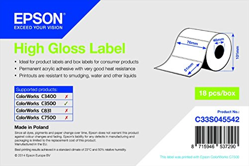 Epson C33S045542, Etiqueta de Impresora (Epson TM-C3400 Epson TM-C3400-LT Epson TM-C3400BK - Ethernet Epson TM-C3400BK - USB, 76mm x 51mm)