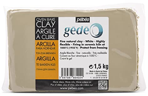 Pébéo - Gédéo Argile à Cuire Blanche, Pain 1.5 KG - Terre Glaise Poterie, Modelage du Corps Humain, Sculpture Terre - Argile Blanche à Cuire au Four de Potier - 1.5 KG - Blanc 766402