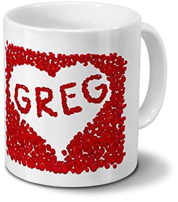 Tasse mit Namen Greg - Motiv Rosenherz - Namenstasse, Kaffeebecher, Mug, Becher, Kaffeetasse - Farbe Weiß