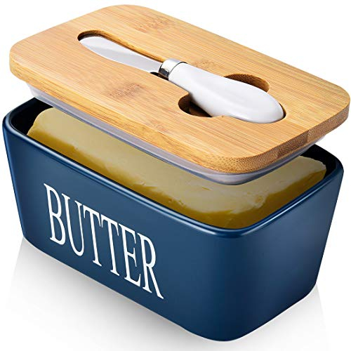 AISBUGUR Große Butterdose für 250g Butter, Butterdose mit Messer Keramik Butterdose Double-Layer-Silikon-Dichtung Butterdose mit Deckel, Gute Küche Geschenk (Blau)