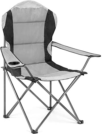 Hyfive Chaises de camping pliantes de luxe rembourrées avec porte-gobelet à dossier haut - Gris - 1 chaise