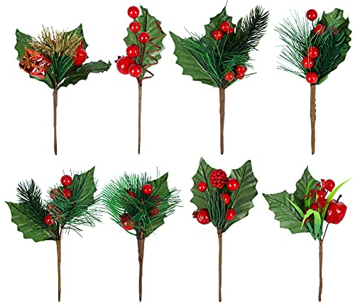 Jodsen Christmas Artificial Berry,6.9 Inch Large Red Berry Decoration Tipped Pine Needles Gift Wreath Christmas Tree Decoration,8 Pack Crafts Holly Berries Bunch with Leaves for Party Holiday
