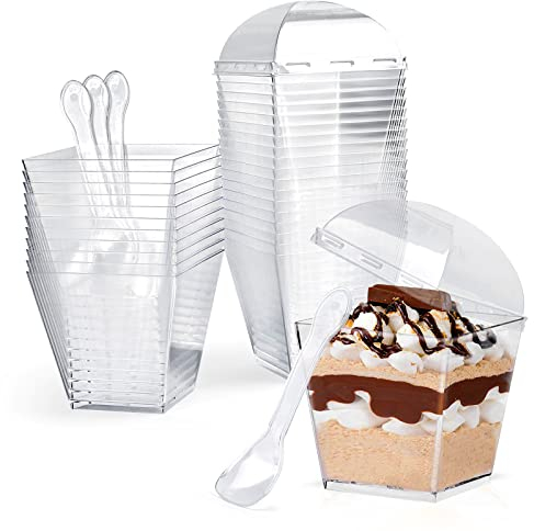 30 Pcs Square Dessert Cups Set with Lids and Spoons, 200ml/7oz Reusable Plastic Cups for Pudding, Mousse, Ice Cream