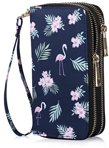 HAWEE Handy-Geldbörse für Damen, doppelter Reißverschluss, lange Geldbörse mit abnehmbarem Armband, Flamingo, 6.9*3.5*1.9 inch, Dienstprogramm
