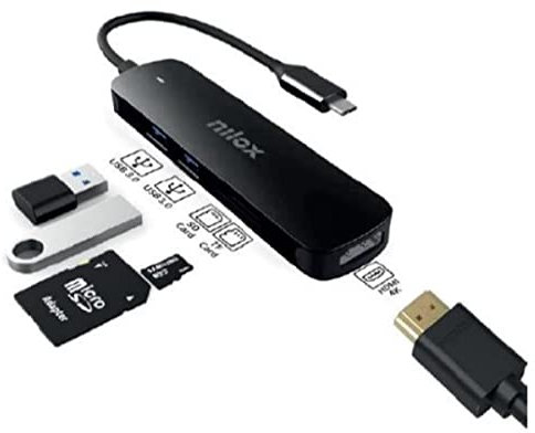Nilox NXDSUSBC05 Docking Station 5-in-1, 1 Porta HDMI (4K/30Hz), 2 Porte USB 3.0 (5 Gbps) e Lettore di Schede SD e Micro SD, Realizzata in Alluminio, Ideale per Espandere le Porte USB del Device, Nero