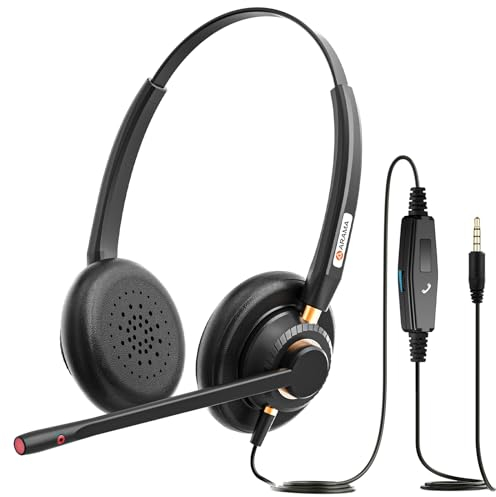Arama Cell Phone Headset with Microphone Noise Cancelling & Call Controls, 3.5mm Jack Headphone for iPhone Samsung Mobile Phone Computer, Business Zoom Skype Call Center Home Office