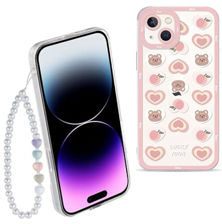 ZhuoFan Chaine Coque pour iPhone 13 6,1'' avec Bracelet, Aesthetic Perle Dragonne Antichoc Femme Housse Con Cordon, Transparent Silicone Étui de Protection pour iPhone 13, Rose