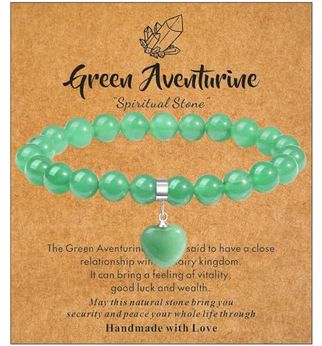 XIANNVXI Heart Charm Bracelets for Women,Green Bracelet,Ladies Bracelet 8mm Green Gemstone Beaded Bracelet Gifts for Her Jewellery Gift for Christmas Anniversary Valentines Day