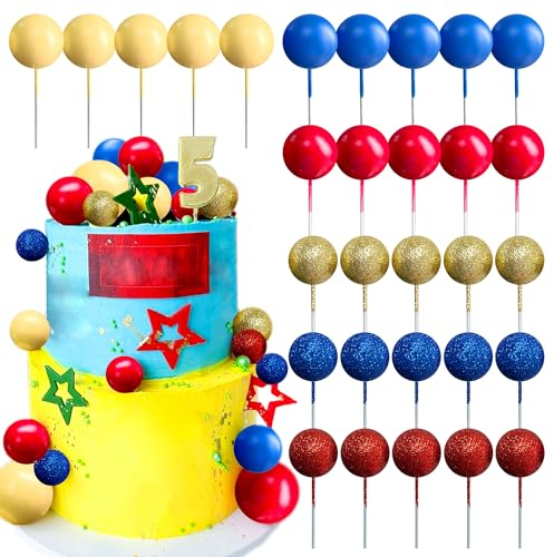 JeVenis Red Yellow Blue Super Hero Tortendeko Kugeln Tortendeko Geburtstag Schaum Ball Kuchen Dekoration für Geburtstag Hochzeit Valentinstag Babyparty