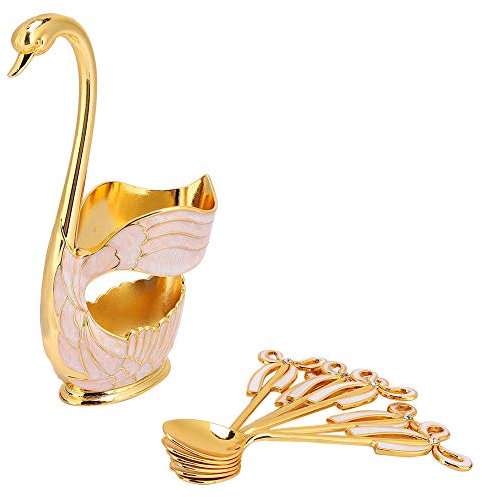 Decorative Swan Spoon Holder Set with 6 Coffee Spoons, European Style, Gold and White