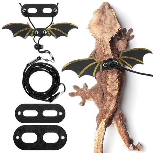 3 Pack Leashes and Harnesses, Adjustable Cool Leather Wing Lizard Reptile Harness - Bearded Dragon Lizard Reptiles (Black)