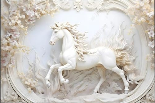 ZYHFDC Papier Peint Panoramique Relief en plâtre du cheval blanc Tableaux Muraux Tapisserie Photo Décoration Murale Salon Chambre 450CM(L)*315CM(H)