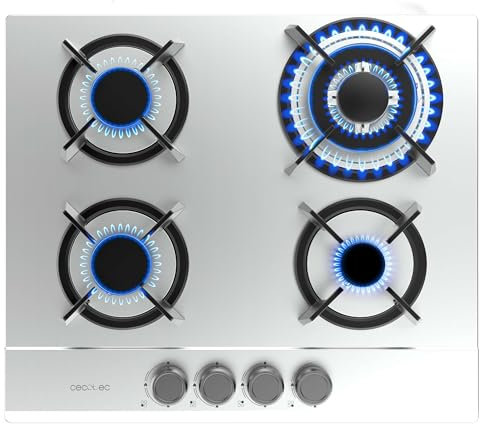 Cecotec Placa de Gas Butano y Natural 4 Fuegos Bolero Squad G 4200S Inox. 8000W. Acero Inoxidable, Parrillas Individuales Hierro Fundido, WOK Triple Corona, Encendido Eléctrico, Sistema Seguridad